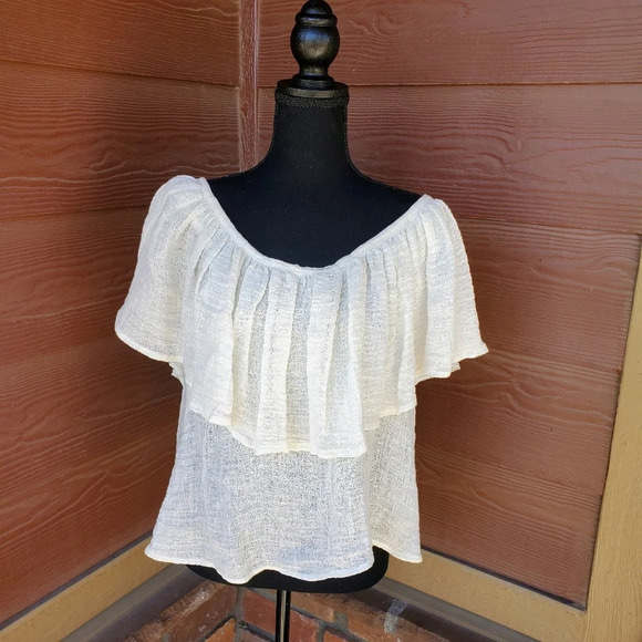 Pearl Cream Colored Off the Shoulder Linen Frill Top Size XS - Picture 1 of 6